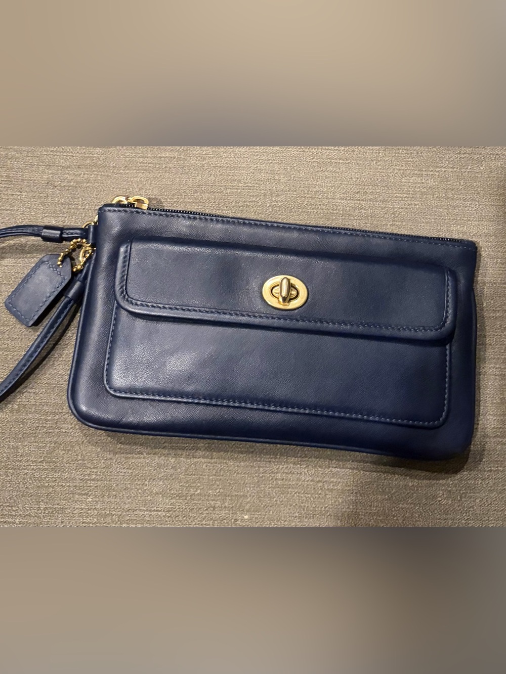 Coach Navy Leather Wristlet with Gold Turnlock